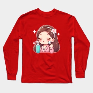 Girl applying skincare cute kawaii Long Sleeve T-Shirt